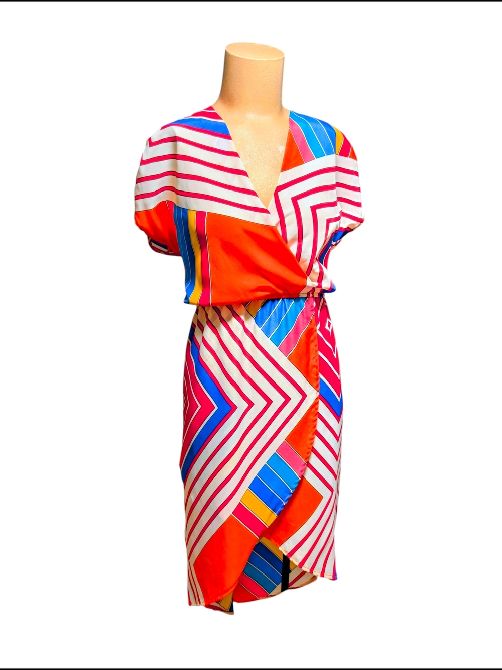 Vibrant Bailey Blue Colorblock Stripe V Neck Wrap Midi Dress in Multicolor